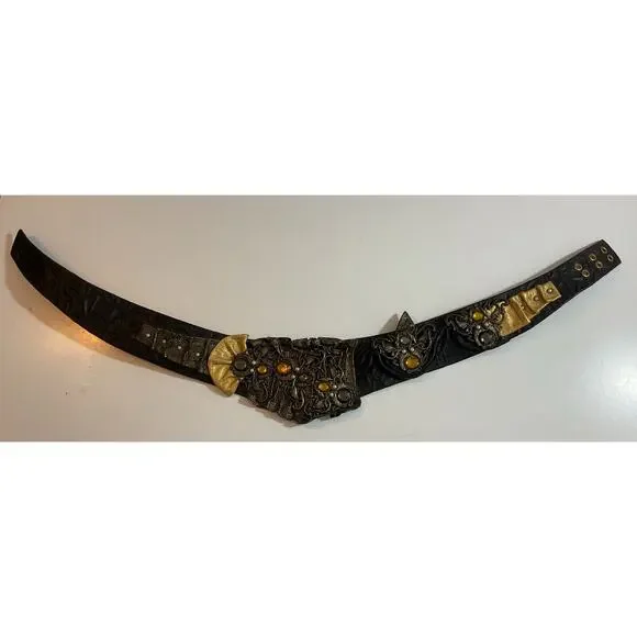 80s Nina Arjani Medium Leatherock Belt Rhinestones & Pearls Leather - Picture 2 of 10